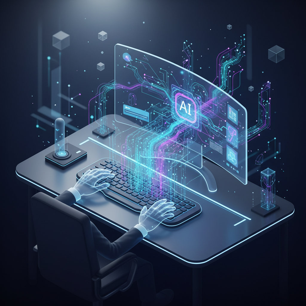 Sylwetka osoby pracującej przy nowoczesnym biurku z klawiaturą, wyświetlającej zaawansowany interfejs sztucznej inteligencji z przepływem danych na przezroczystym ekranie.