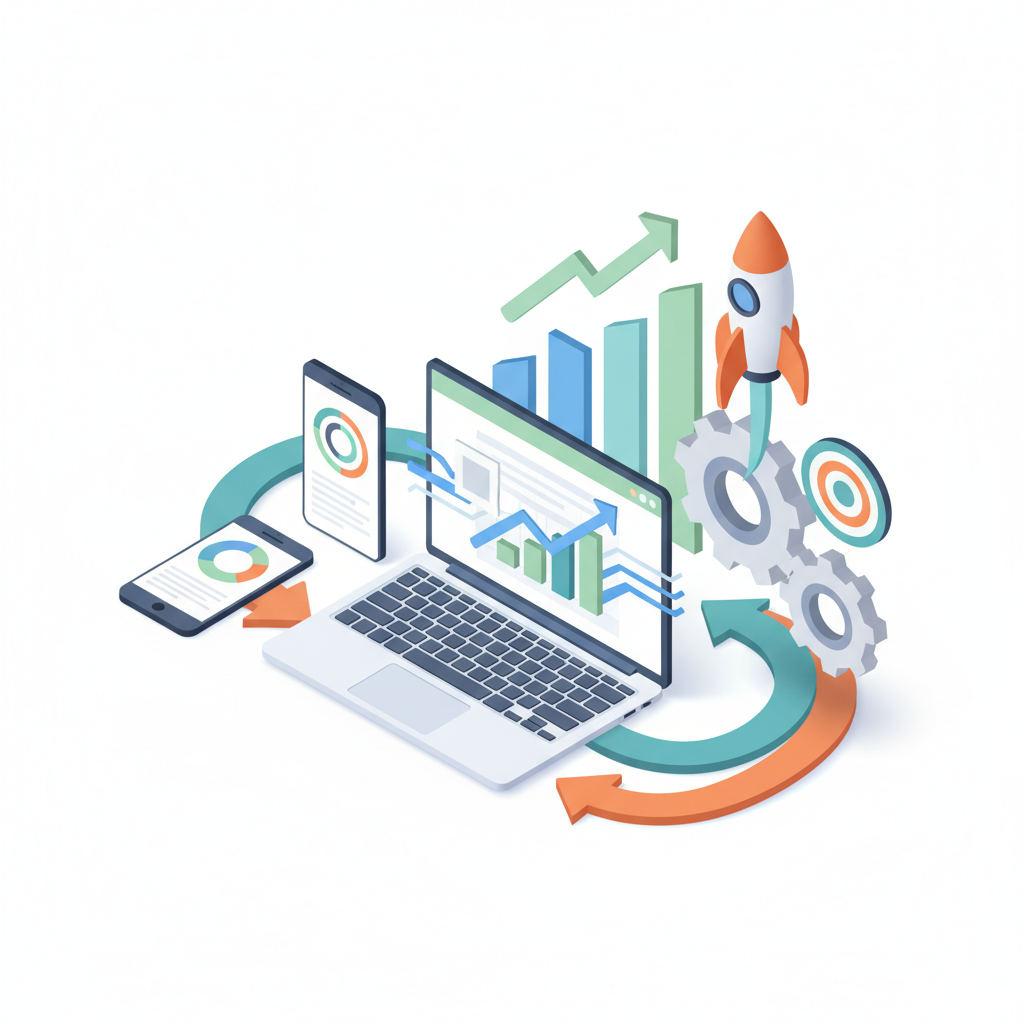 Laptop, smartfony, wykresy wzrostu, koła zębate i startująca rakieta symbolizują analizę danych, rozwój cyfrowego biznesu i optymalizację procesów technologicznych.