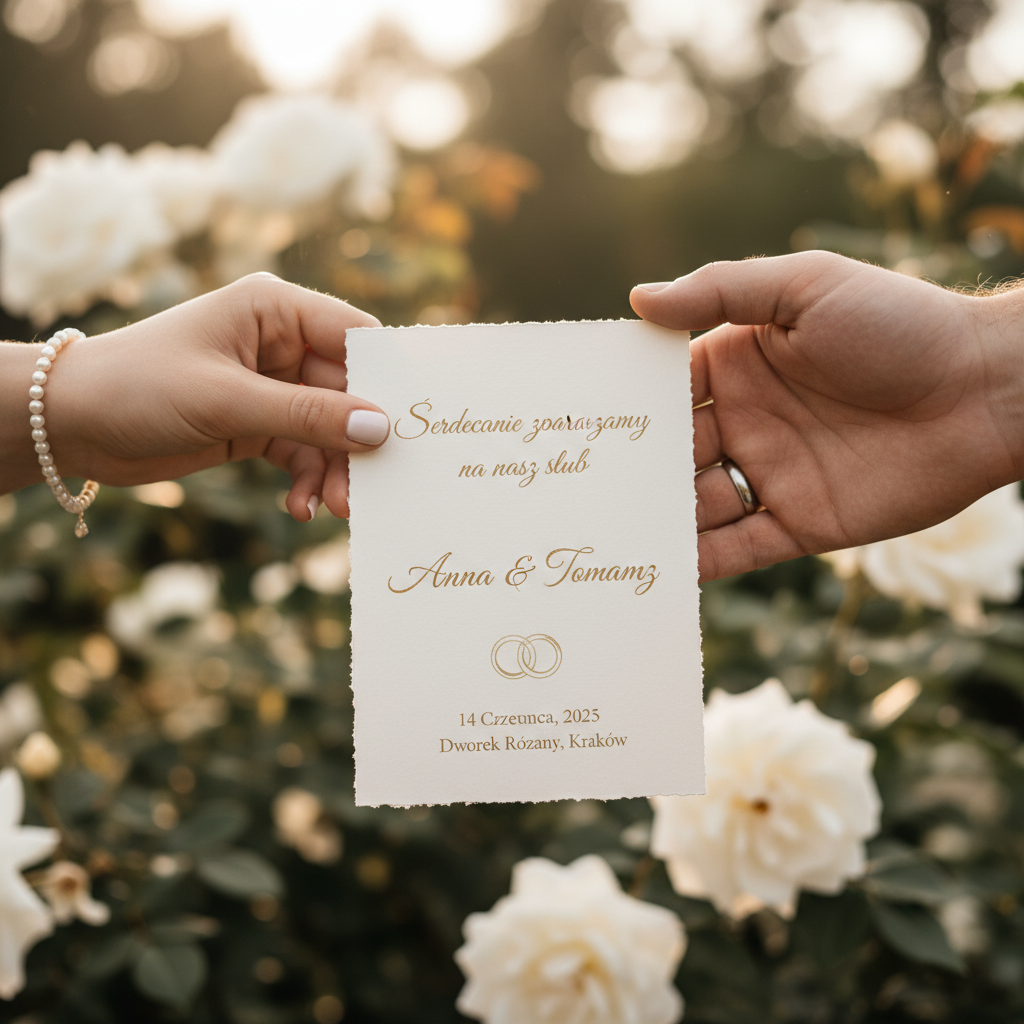 Ręce pary narzeczonych trzymają eleganckie zaproszenie ślubne z datą 14 Czerwca 2025 i miejscem Dworek Różany w Krakowie, na tle kwitnących białych róż.