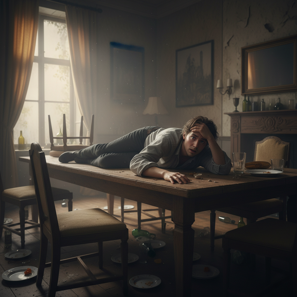 Zdezorientowany mężczyzna leży na drewnianym stole w bałaganicznym pokoju, otoczony porozrzucanymi naczyniami i butelkami po imprezie.