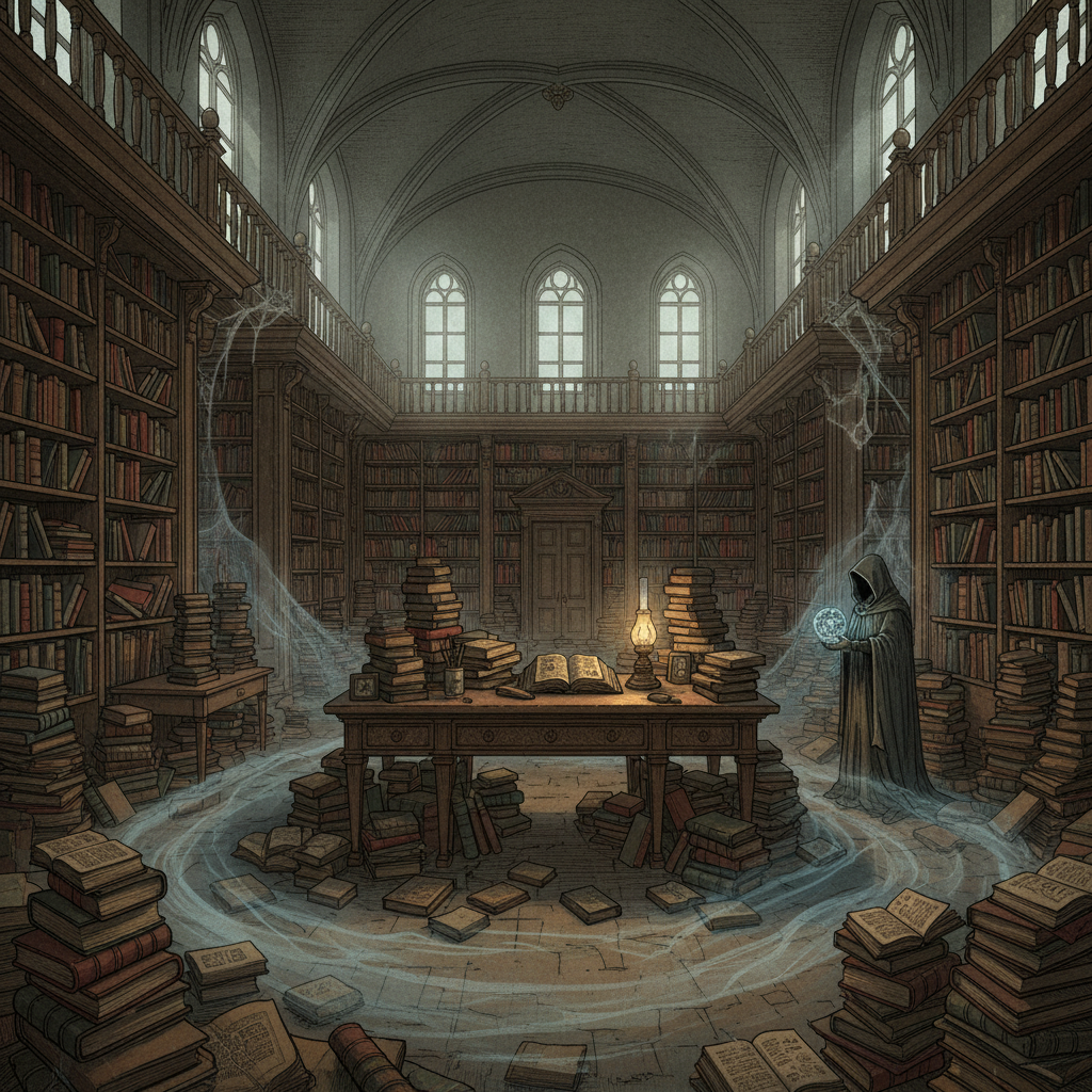 Mroczna, magiczna biblioteka, gdzie zakapturzona postać za pomocą świecącej kuli przetwarza arkaniczną wiedzę, objawiającą się lewitującymi księgami i wirującą energią.