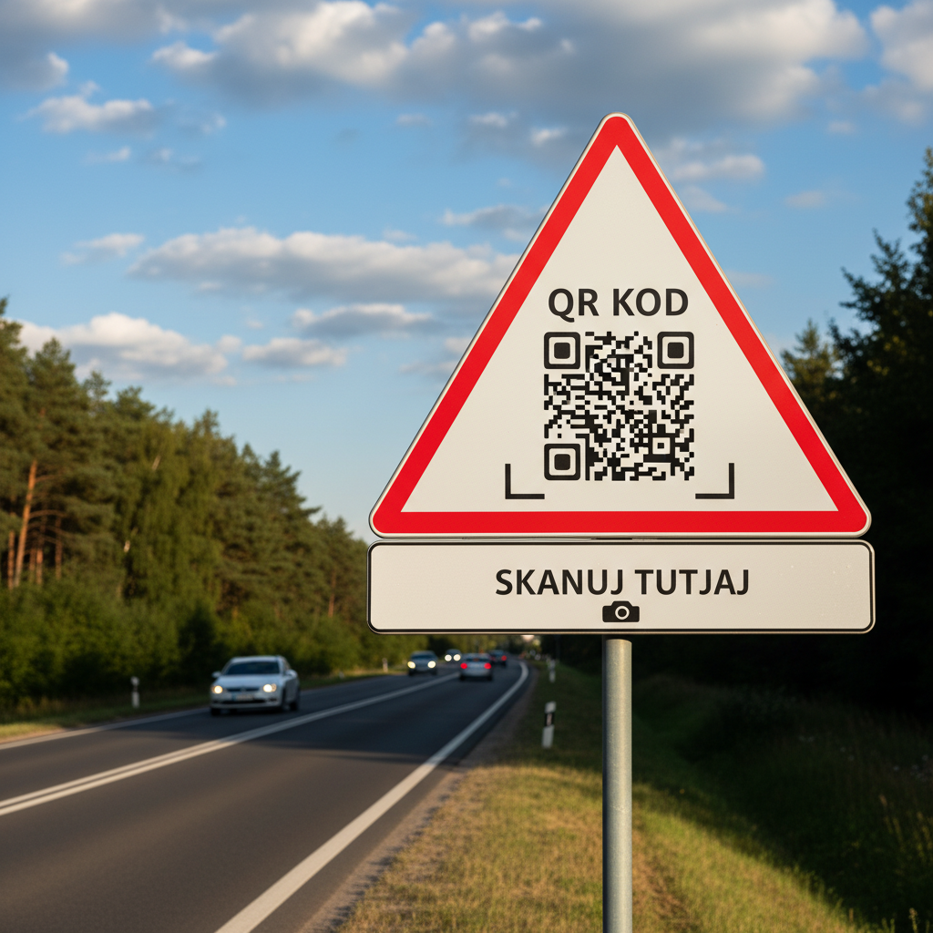 Biało-czerwony znak drogowy z kodem QR i napisem "SKANUJ TUTAJ" zachęca do cyfrowego skanowania informacji przy ruchliwej drodze otoczonej lasem.